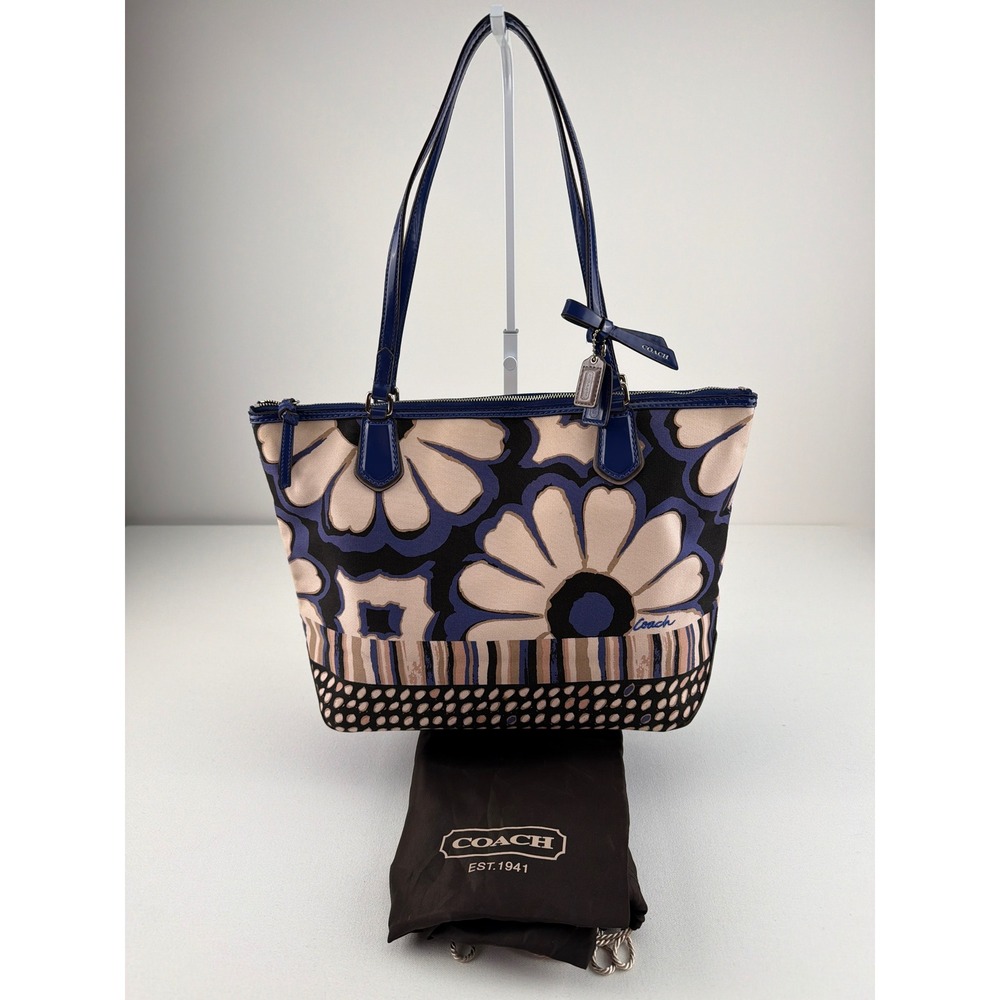 Coach Poppy Shoulder Bag Blue Floral Canvas Patent Leather Tote Designer